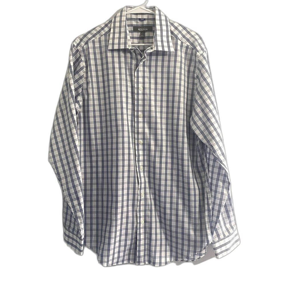 Kenneth Cole Reaction Slim Fit Dress Shirt Non Iron White Blue Plaid Size Large